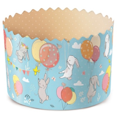 картинка Форма бумажная для кулича d60xh45 мм ЗАЙЦЫ НА ШАРАХ (4000 шт) pmK6045cZSH от Торговой Компании "Зима"